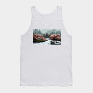 Cherry Blossom Trees by the River Oil Painting Tank Top